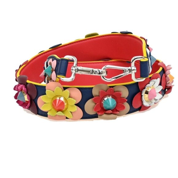 FENDI Logo Bag Shoulder Strap Flower Studs Leather Red Blue Multi-Color 67FB847 - Picture 1 of 8